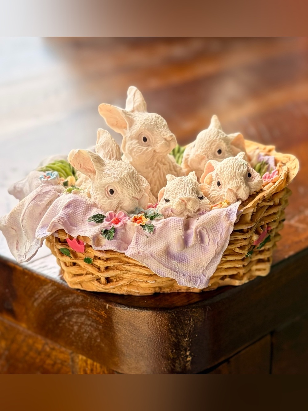 Vintage Cottagecore Bunnies in Wicker Basket with Blanket Figurine Art Decor - Picture 5 of 5